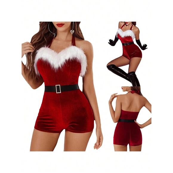 Christmas Holiday Ms. Clause Red Velvet Fur Trimmed Jumper Bodysuit S, M, L - Picture 2 of 5